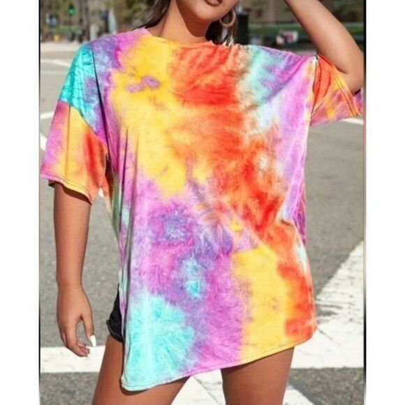 Plus Size Tie Dye Print Slit T-shirt Sz 2X - Picture 4 of 5
